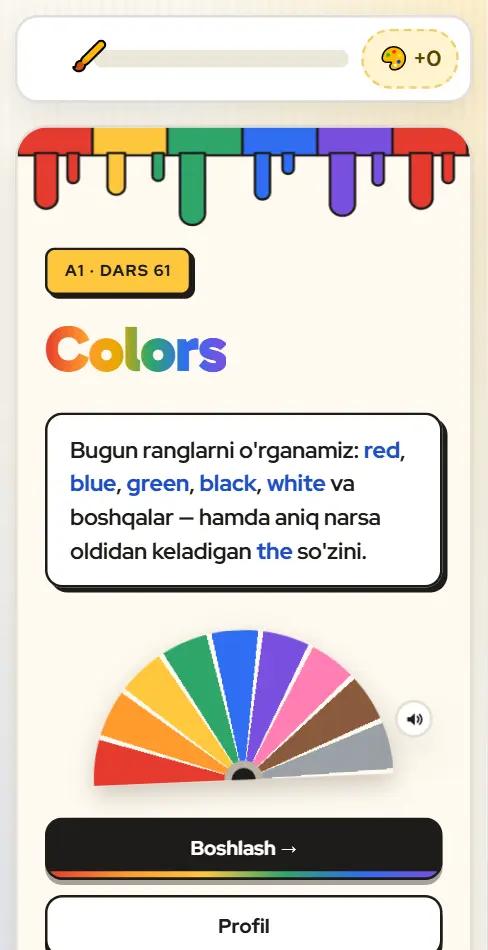 61-dars ekrani: bo'yoq namunalari